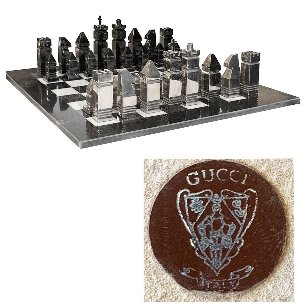 Here's an alt tag for the image: Gucci marble chess set.