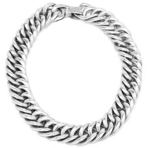 Silver chain necklace on white background.