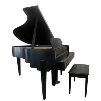 A black grand piano with a matching bench on a white background.