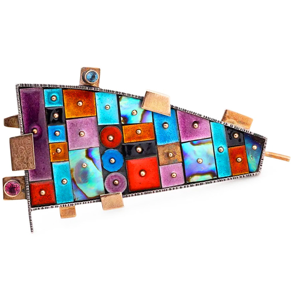 Earl Pardon Sterling, 14k, Enamel, Aquamarine and Ruby Broach