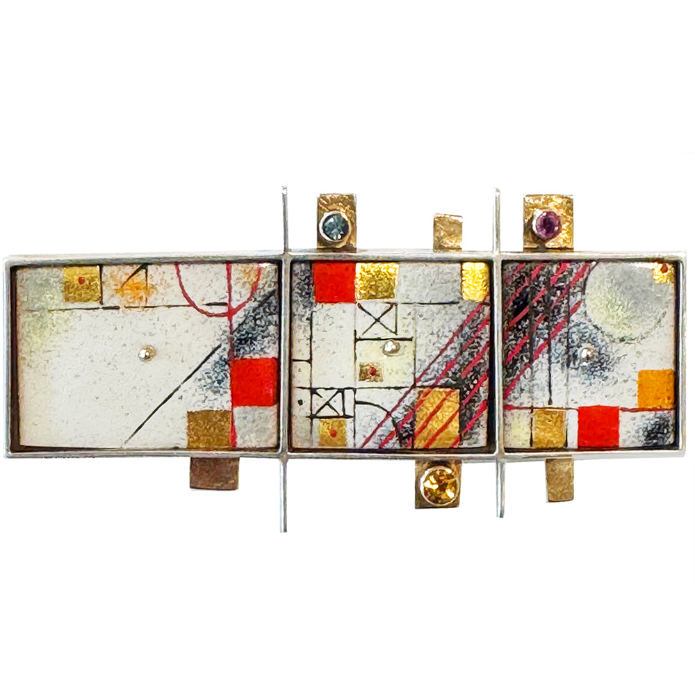 Earl Pardon Sterling Enamel Aquamarine Amethyst Citrine and 14k Gold Broach