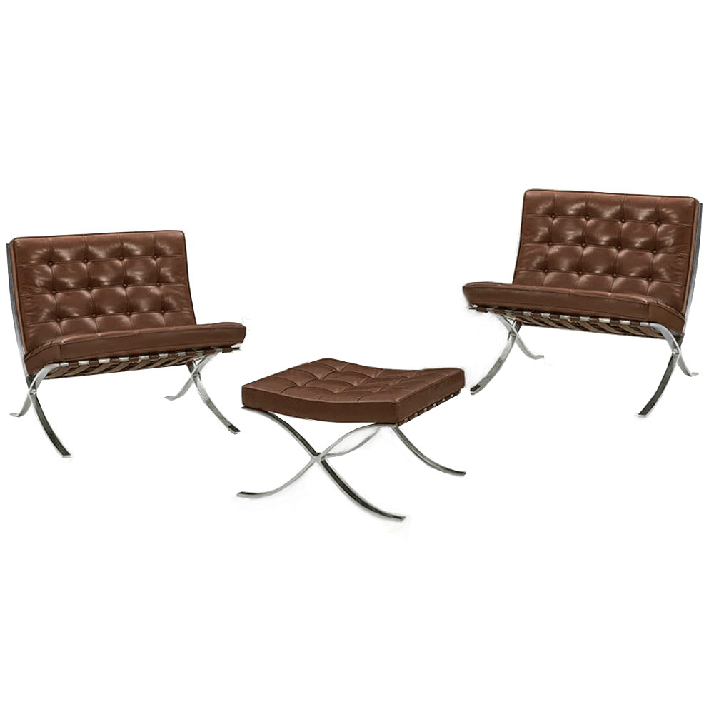 2 Stainless Knoll Barcelona Chairs/Ottoman Milk Chocolate Brown